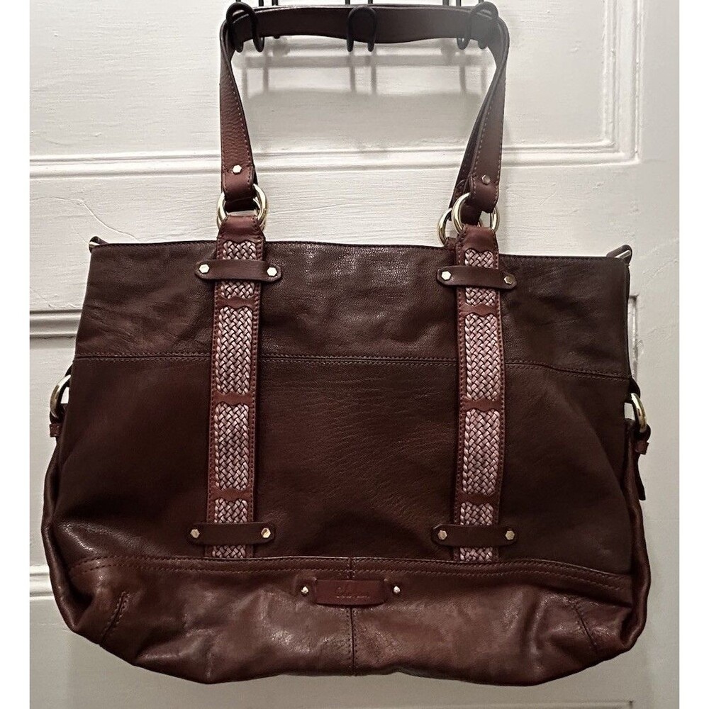 Cole Haan Brown Leather Tote With Braided Accents And Gold Hardware